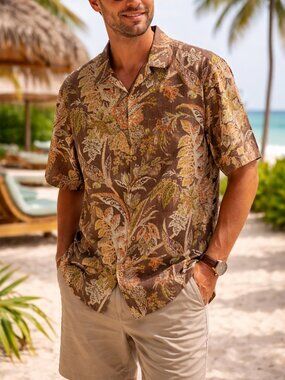 Tommy Bahama Silk Hawaiian Shirt Mens Size XL Autumn Earth Tones Beach Aloha